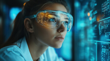 Female engineer using futuristic digital interface in high tech laboratory