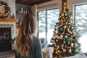 cozy winter scene with a woman admiring a decorated christmas tree