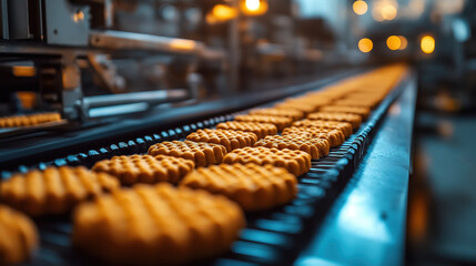 Cookie production line in industrial bakery with automated equipment