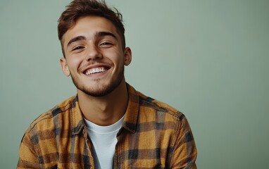 Fototapeta premium man with casual t-shirt is smiling at the camera, solid color background