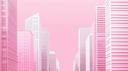 Pink urban cityscape with modern skyscrapers in surreal minimalist style