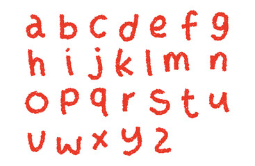 A set of lowercase letters of the alphabet written in red crayon