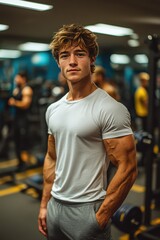 Fototapeta premium A man in a white shirt and grey pants stands in a gym