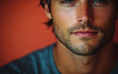 Obraz premium A young man with casual t-shirt is smiling at the camera, solid color background