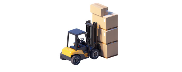 Forklift lifting boxes in warehouse setting, showcasing efficiency and organization. PNG transparent.