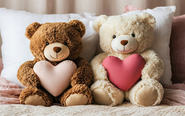 Obraz premium Teddy bears holding heart shaped pillows create heartwarming scene