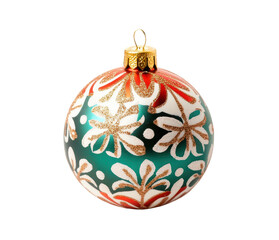 Colorful Christmas ornament with floral design and glitter accents. PNG transparent.