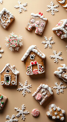 Fototapeta premium Festively decorated gingerbread houses and snowflakes arranged on a light background.