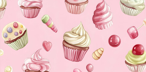 A whimsical pattern featuring various cupcakes and sweets on a pink background.