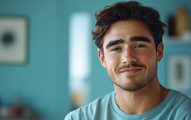 man with casual t-shirt is smiling at the camera, blurred room background
