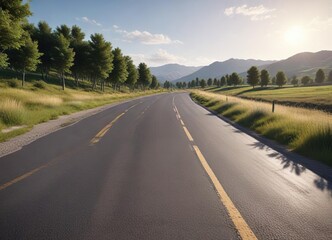 Fototapeta premium Wide shot of a modern paved road winding through the countryside, rural road, new road, winding road, paved road