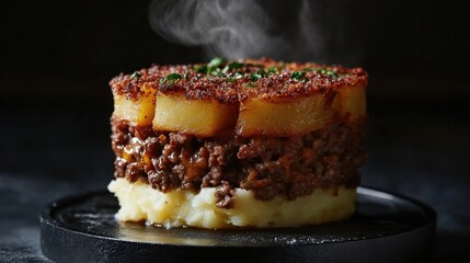 Delicious layered meat and potato dish with steam rising