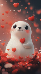 Obraz premium Valentines Day Concept Featuring a Cute White Cat Holding a Heart in Its Mouth Perfect for Romantic Themes, Pet Lovers, and Seasonal Celebrations in Stock Photography