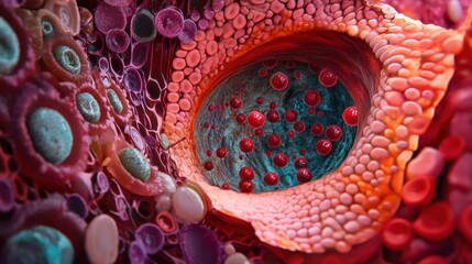 Obraz premium A cross-sectional view of a vein filled with vibrant red blood cells, highlighting their structure and role in the circulatory system