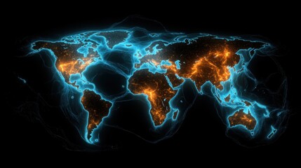Global network visualization world map digital art nighttime aerial view connectivity concept