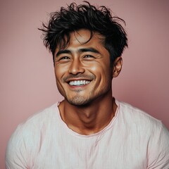 Fototapeta premium man with casual t-shirt is smiling at the camera, solid color background