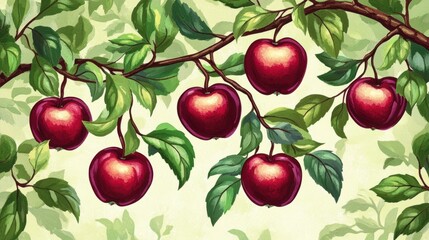 Obraz premium Lush Red Apples on Branch with Green Leaves and Subtle Background