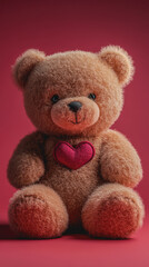Obraz premium Valentine's Day Concept Teddy Bear with Heart on Chest, Romantic Gift Idea for Loved Ones, Perfect for Celebrating Love, Affection and Special Moments Together This February