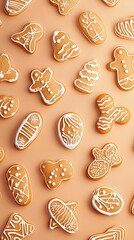 A flat lay of decorated gingerbread cookies in various festive shapes and designs.