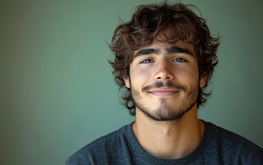 Obraz premium man with casual t-shirt is smiling at the camera, solid color background
