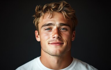 Fototapeta premium man with casual t-shirt is smiling at the camera, solid color background