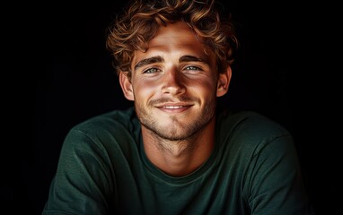 man with casual t-shirt is smiling at the camera, solid color background