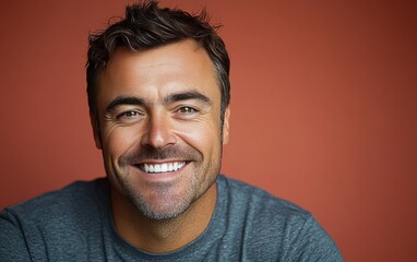 Obraz premium man with casual t-shirt is smiling at the camera, solid color background