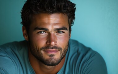 Obraz premium man with casual t-shirt is smiling at the camera, solid color background