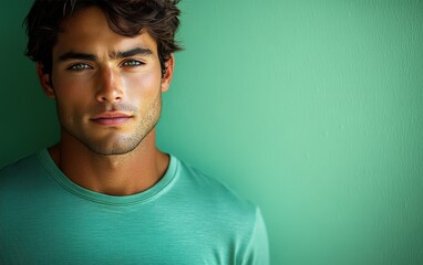 man with casual t-shirt is smiling at the camera, solid color background