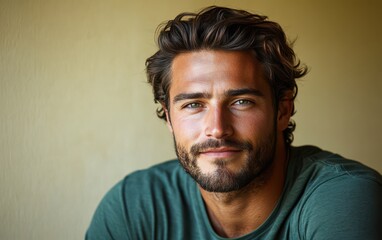 Obraz premium man with casual t-shirt is smiling at the camera, solid color background