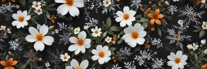 Winter botanical print featuring white and orange flowers with snowflakes, decorative details, snowfall theme, festive arrangement, wintry florals, seasonal plants