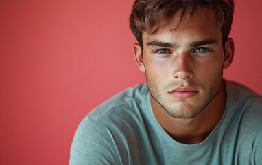 Fototapeta premium man with casual t-shirt is smiling at the camera, solid color background