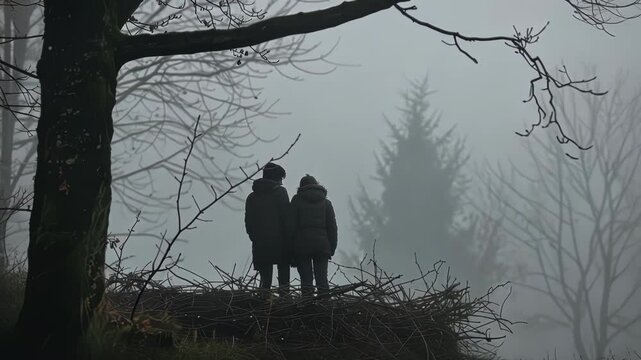 Foggy scene of individuals silently observing a birds nest from a distance careful not to startle the inhabitants.