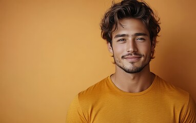 Obraz premium man with casual t-shirt is smiling at the camera, solid color background