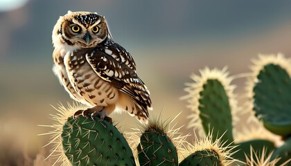 Fototapeta premium Owl perched on cactus spines desert landscape wildlife photography natural environment close-up view intriguing behavior of birds