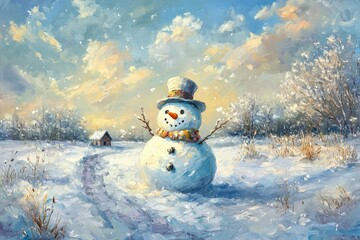Fototapeta premium winter landscape with snowman and snowy trees