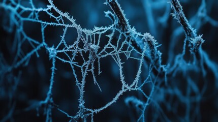 A frosted spiderweb in the early morning, with tiny ice crystals forming intricate textures