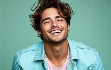 Fototapeta premium man with casual t-shirt is smiling at the camera, solid color background