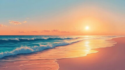 Obraz premium Sunset waves gently lapping on a serene beach tropical paradise digital artwork tranquil atmosphere
