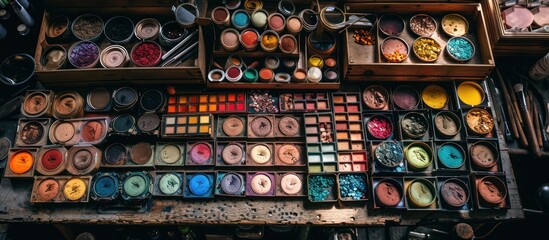 Fototapeta premium Colorful artist's paints and pigments arranged in various containers and palettes on a wooden table.