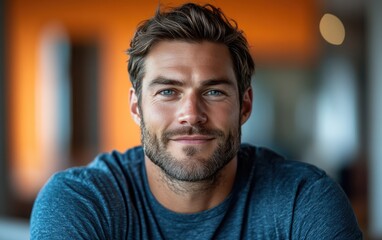 man with casual t-shirt is smiling at the camera, blurred room background