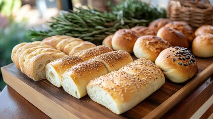 A gourmet display of fresh breads, with rosemary focaccia, olive sourdough, and sesame rolls on a modern wooden platter
