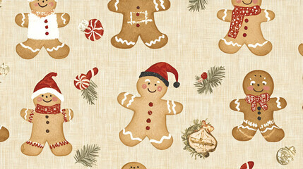 Festive pattern featuring gingerbread cookies in various designs and holiday decorations.