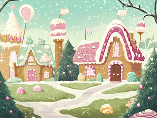 A whimsical candy-themed village covered in snow, featuring colorful houses and sweets.