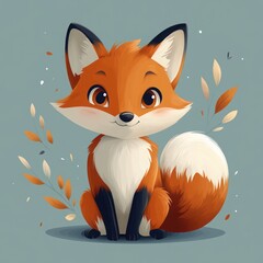 Obraz premium Adorable cartoon fox sitting amidst autumn leaves.