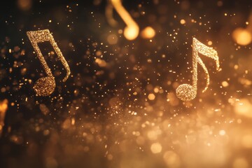 Musical notes formed by floating dust particles, beam lighting, particle detail, with copy space