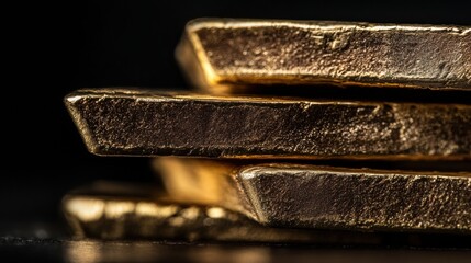 A high-detail macro shot of gold bars lying in an interlocked stack, with light glinting off their smooth metallic surfaces