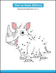 Dot-to-dot, numbers game, education math game for children, drawing task for kids, colored worksheet with cute cartoon rhinoceros.