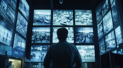 A high-stakes security environment with a guard monitoring live footage of a large campus on multiple screens