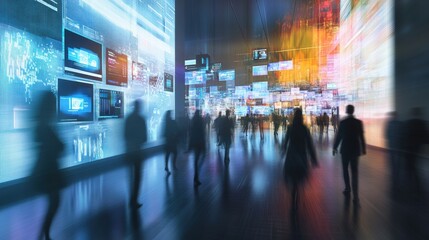 Fototapeta premium A high-tech exhibition hall featuring blurred people walking past digital displays and large monitors